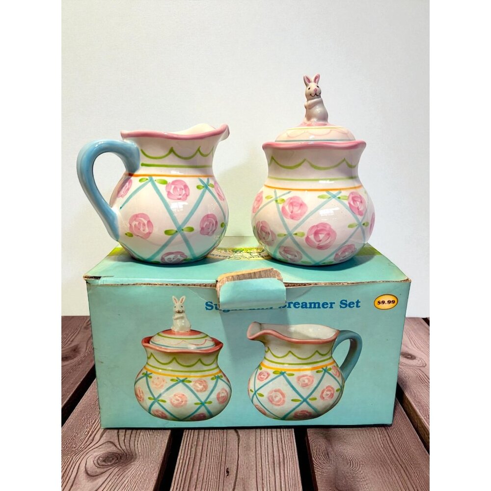Easter Bunny Sugar & Creamer Set Hand-Painted Floral Ceramic Microwave & Dishwas